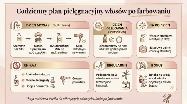 Plan pielęgnacji włosów po farbowaniu: unikaj alkoholu, mocnych detergentów i gorącego powietrza, by ratować ekstremalnie zniszczone włosy.