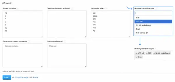 Wybór "VAT UE" z listy numerów identyfikacyjnych. Nazwa rejestru i numer wpisu w rejestrze.