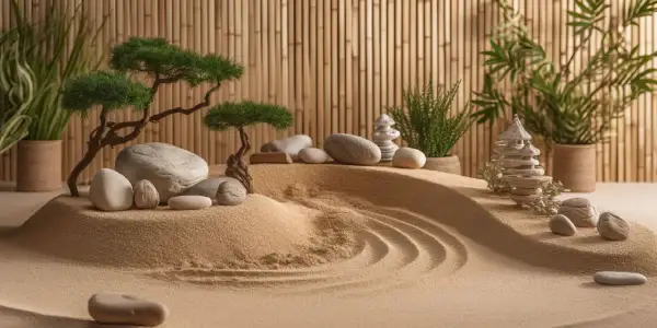 Miniatur-asiatischer Garten mit Bonsai, Steinen und Sandwellen vor Bambuswand.