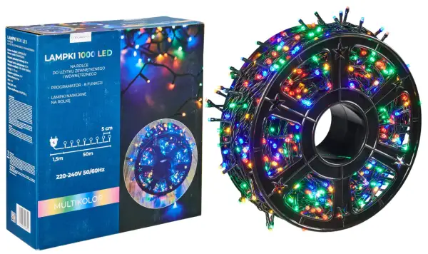 Lampki choinkowe LED na rolce, wielokolorowe, 1000 sztuk. Zasilanie 220-240V, moc 6W. Dowiedz się, ile prądu zużywają lampki choinkowe LED.