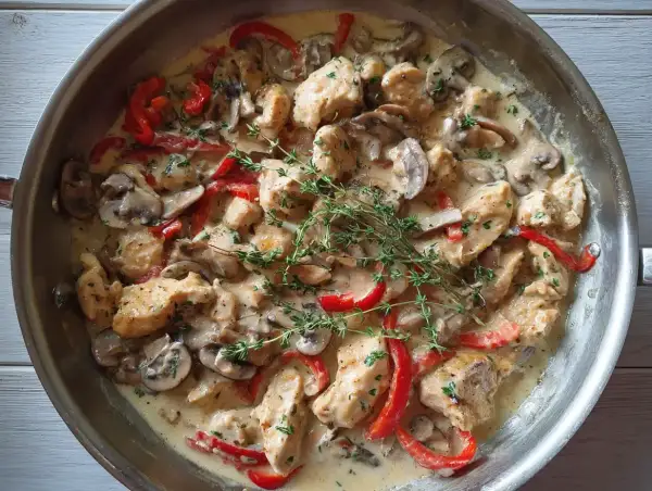 Kyckling med creme fraiche, svamp och paprika i en krämig sås, toppad med färsk timjan. En härlig middag!