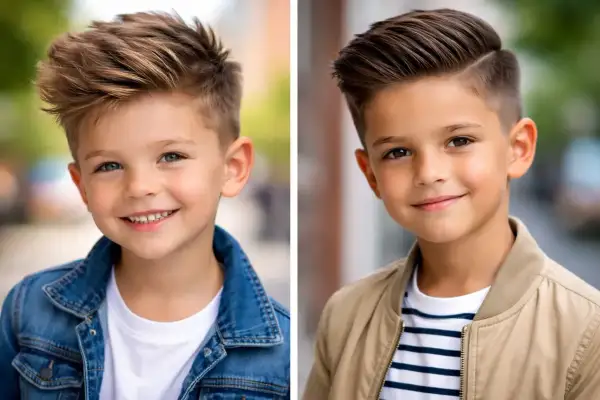 Due ragazzi con un taglio di capelli corto alla moda, uno con giacca di jeans, l'altro con giacca beige.
