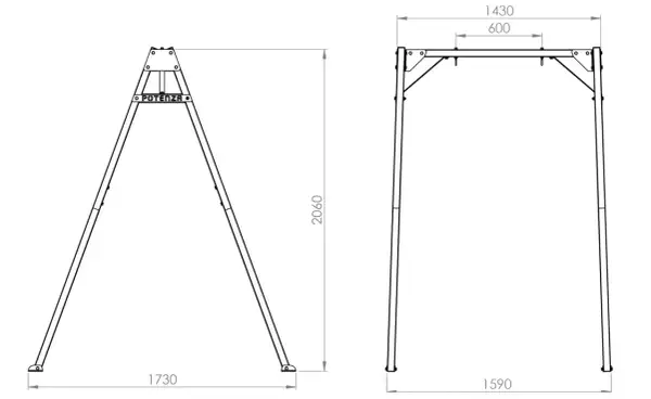 Schemat huśtawki ogrodowej z wymiarami: wysokość 2060 mm, szerokość 1590 mm, głębokość 1730 mm.