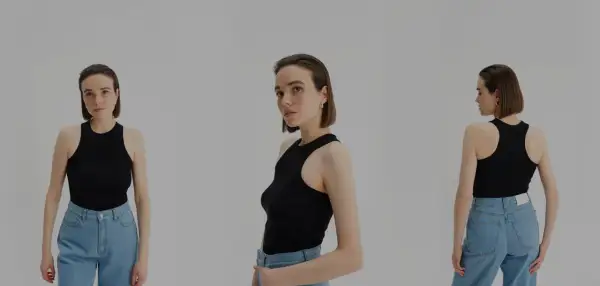Modelka w czarnym topie z dekoltem typu halter i jeansach. Widok z przodu, z boku i z tyłu.