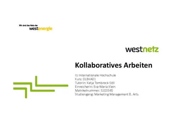 Titelblatt für "Kollaboratives Arbeiten" der IU Internationale Hochschule. Zeigt Logos und Studiendetails.