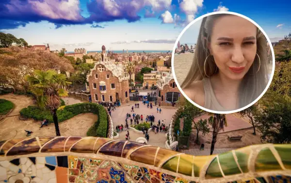 Kobieta na plaży w Barcelonie, w tle Park Güell. Czy w Barcelonie jest bezpiecznie? Tak, to piękne miasto!