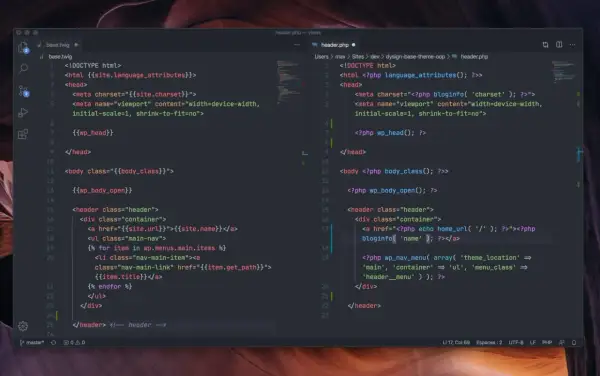 Code source d'un fichier Twig, incluant des balises et des variables pour un en-tête de site web.