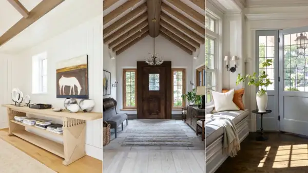 Three distinct entryway designs: a bright, modern space with a console table; a rustic hall with a grand wooden door and beamed ceiling; and a cozy nook with a window seat and double doors.