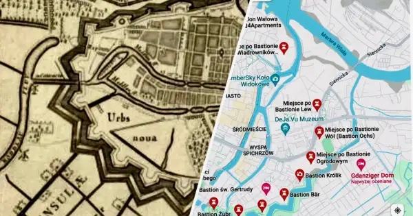 Stara mapa fortyfikacji Gdańska obok współczesnej mapy z zaznaczonymi bastionami i atrakcjami.