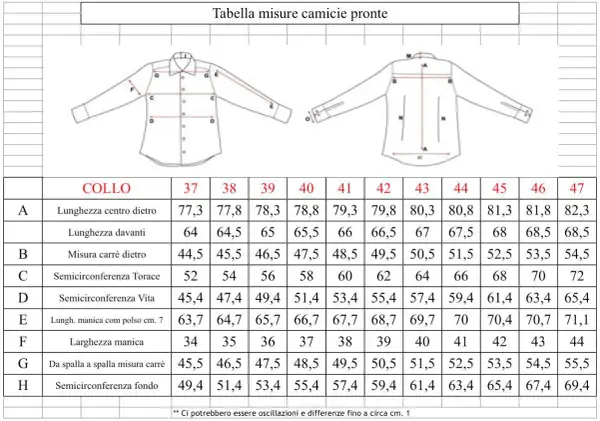 Tabella misure camicie: la taglia 18 corrisponde a un collo di 43 cm, con varie misure di lunghezza e larghezza.