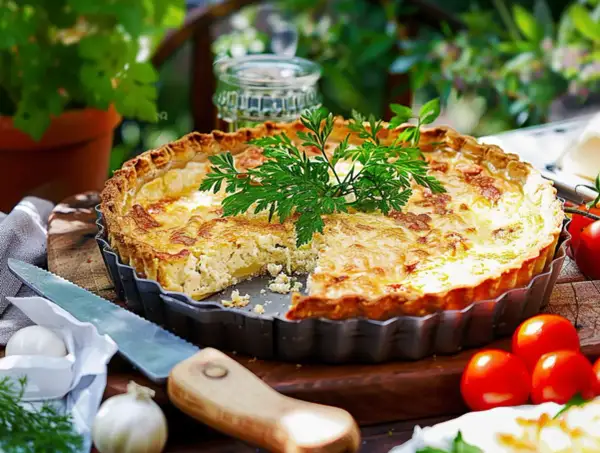 En gyllene paj med en härlig glutenfri pajdeg, fylld med ost och örter. Serveras med färska tomater och lök.