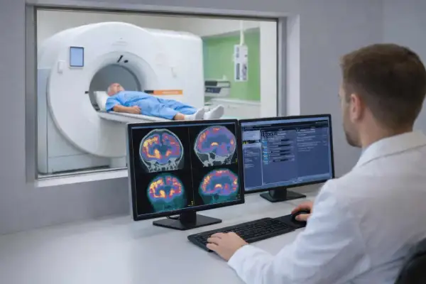 Arzt wertet PET-Untersuchung des Gehirns aus. Patient liegt in einem Scanner.