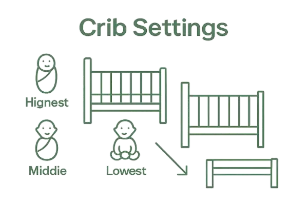 Illustration showing crib settings: highest, middle, and lowest mattress positions. It visually explains how tall are cribs at different levels.