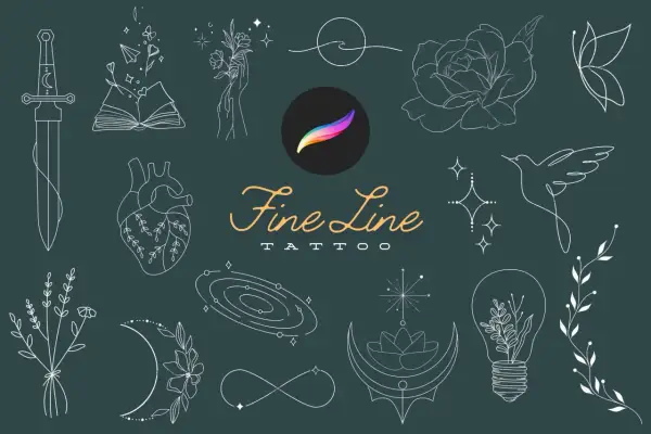 Feine Linien-Tattoos: Schwert, Herz, Rose, Schmetterling, Buch, Mond, Glühbirne & mehr. Ein Hauch von Magie für deine Haut.