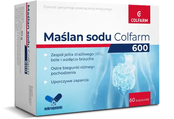 Maślan sodu Colfarm 600 – kapsułki na zespół jelita drażliwego, biegunki i zaparcia. Pomaga przywrócić równowagę jelit.