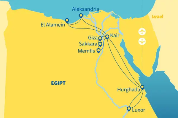 Mapa Egiptu z zaznaczonymi trasami podróży: Aleksandria, El Alamein, Kair, Giza, Sakkara, Memfis, Hurghada, Luksor. Widać delta Nilu.