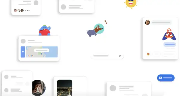 Wiadomości Google SMS: urocze postacie i ikony, mapa Google, piesek w kosmosie, słońce i okna czatu.