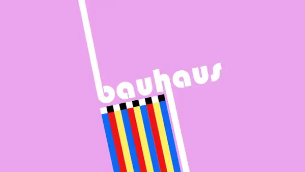 A minimalist bauhaus graphic design featuring the word "bauhaus" in white text on a pink background, with colorful vertical stripes below.
