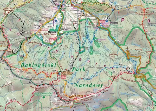 Szlak turystyczny przez Beskid Żywiecki, z zaznaczonymi szczytami Babiej Góry i okolicznymi dolinami.