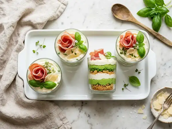 Délicieux tiramisu salé en verrines, garni de fines tranches de jambon, de petits pois et de copeaux de parmesan.