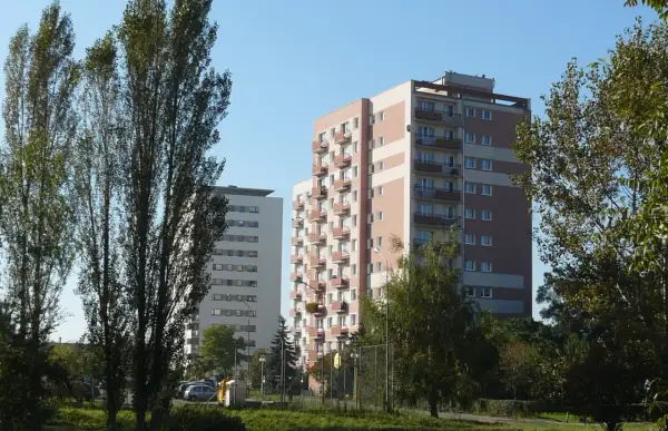 Wysokie bloki mieszkalne na osiedlu Lotnictwa Polskiego, otoczone zielenią i wysokimi drzewami.