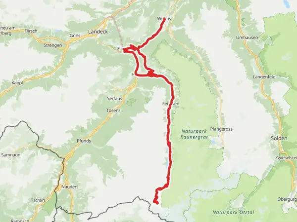 Trasa Via Claudia Augusta w Austrii, prowadząca przez Alpy, z zaznaczonymi miejscowościami jak Landeck, Fiss, Serfaus i Sölden.