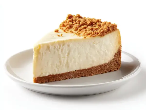 En krämig bit cheesecake med kexbotten och smulor på toppen. Perfekt för ett enkelt cheesecake recept.