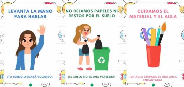 Normas de clase para imprimir: levanta la mano, no tires basura al suelo y cuida el material.