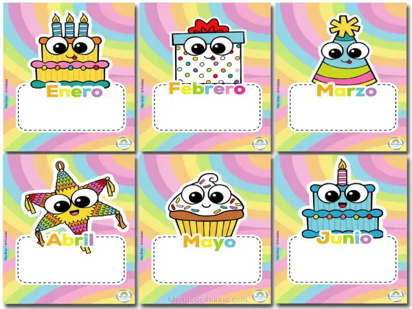 Tarjetas de los meses del año para imprimir: Enero (pastel), Febrero (regalo), Marzo (gorro), Abril (piñata), Mayo (cupcake), Junio (pastel azul).