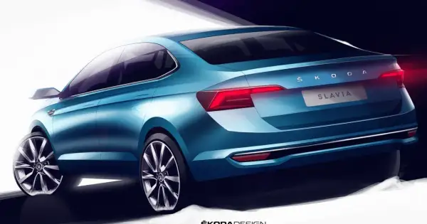 Niebieska Skoda Slavia na szkicu designerskim, widok z tyłu i boku. Elegancka linia nadwozia i nowoczesne światła.