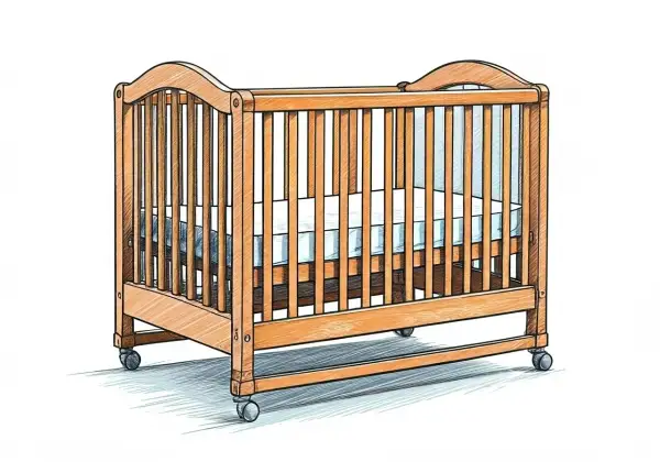 Cuna de madera con ruedas y colchón azul. Un lugar seguro para que los bebés duerman, como un "crib" en inglés.