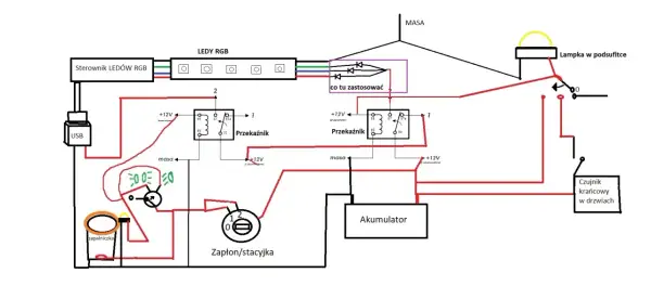 Schemat pokazuje, jak podłączyć LED bar w samochodzie, wykorzystując przekaźniki, sterownik RGB, zapłon, akumulator i czujnik drzwi.
