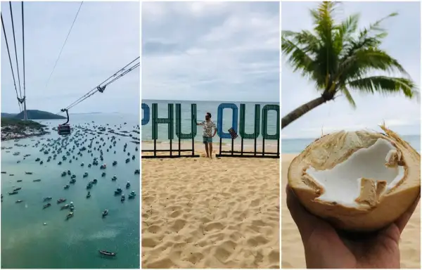 Wietnam plaże: widok z kolejki linowej na zatokę pełną łodzi, mężczyzna na plaży przy napisie "Phu Quoc" i kokos w dłoni.