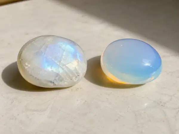 Dos piedras pulidas, una piedra luna iridiscente y otra de un azul lechoso, descansan sobre una superficie clara.