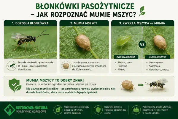 Dorosła błonkówka, mumia mszycy i zwykła mszyca. Mumia mszycy to znak, że naturalna ochrona przed szkodnikami w ogrodzie działa.