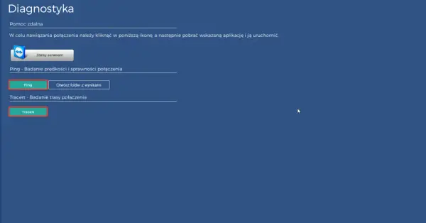 Ekran diagnostyki z opcjami "Pomoc zdalna", "Ping" do badania prędkości połączenia oraz "Tracert" do badania jego trasy.