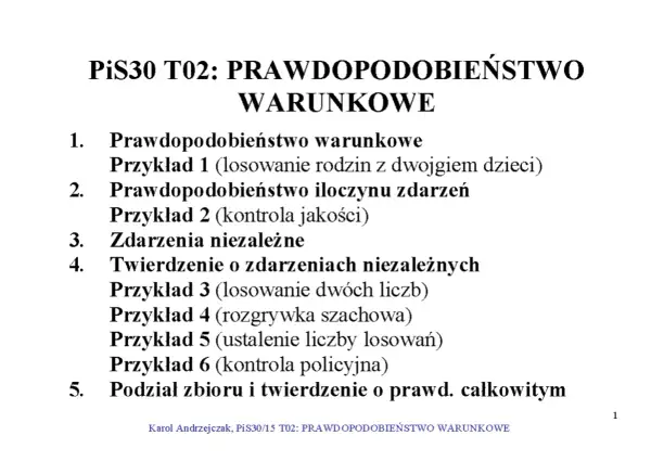 Slajd z wykładu o prawdopodobieństwie warunkowym, zawierający spis treści z przykładami, np. losowanie rodzin z dziećmi.