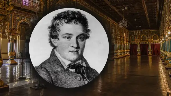 Portret młodego mężczyzny, który może być Kasparem Hauserem, na tle bogato zdobionego wnętrza pałacowego. Zagadka Kaspara Hausera wciąż fascynuje.