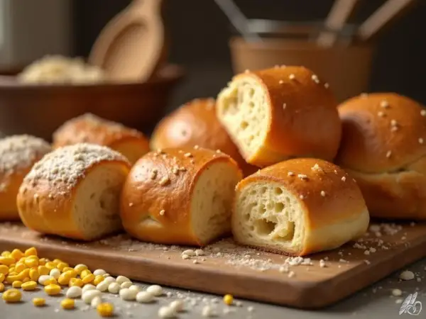 Petits pains dorés, certains saupoudrés de graines, d'autres de miettes fines. La mie aérée suggère une texture légère, peut-être grâce à l'amidon modifié.