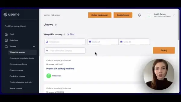 Panel zarządzania umowami dla freelancera. Widoczne filtry wyszukiwania, lista umów i zdjęcie użytkowniczki.