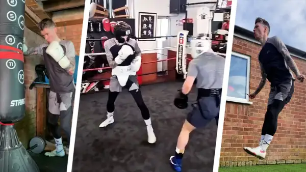 A boxer trains, proving boxing is good cardio. He hits a heavy bag, spars in a ring, and jumps rope outdoors.