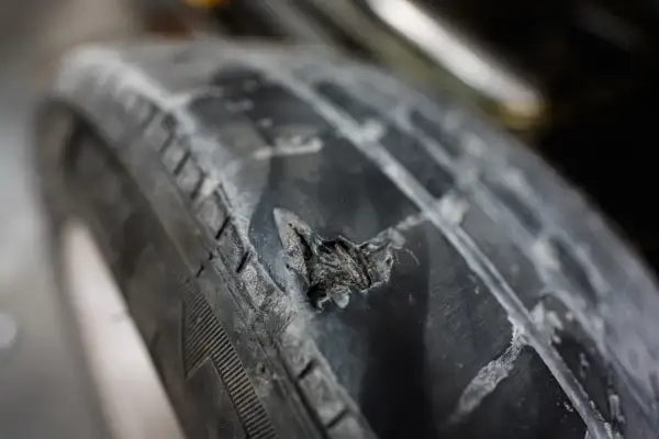 Gros plan sur une hernie sur un pneu de voiture, montrant le caoutchouc déchiré et usé. Un danger potentiel sur la route.
