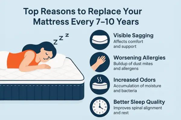 A woman sleeps soundly on a mattress, illustrating why 7-10 years is how old is too old for a mattress due to sagging, allergies, and odors.