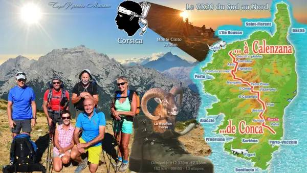 Groupe de randonneurs sur le GR20 en Corse, avec une carte de l'île et un mouflon. Le parcours légendaire du GR20 est bien visible.