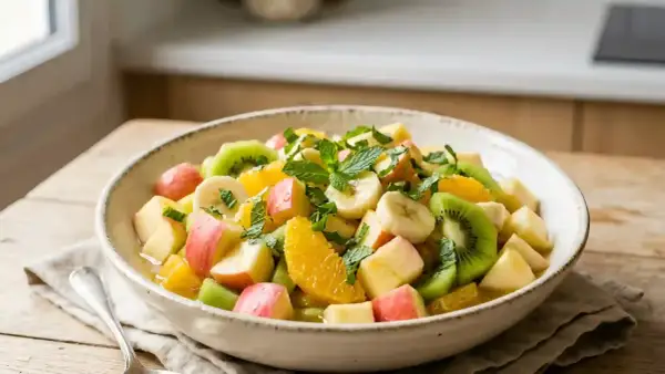 Un bol de salade de fruits d'été colorée avec des morceaux de kiwi, d'orange, de banane et de pomme, garnie de menthe fraîche.