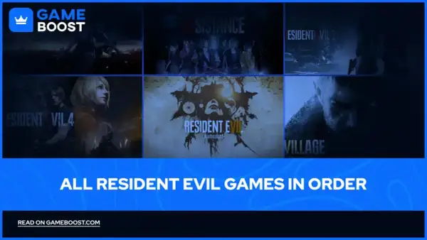 Kolekcja okładek gier Resident Evil, od klasyków po nowsze odsłony, prezentująca serię Resident Evil po kolei.