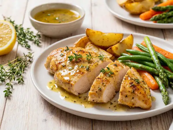 Ugnsbakad kycklingfilé med örter, serverad med rostade potatisklyftor, morötter och gröna bönor. Perfekt kycklingfilé i ugn tid 175 grader.