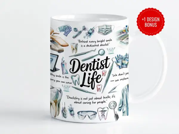 Kubek z motywem "Dentist Life" na dzień dentysty. Ilustracje narzędzi, zębów i cytaty o pracy dentystów.
