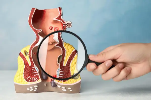 Model anatomiczny przedstawia jelito grube z widocznymi zmianami, które mogą sugerować raka odbytnicy. Lupa powiększa szczegóły.