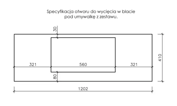 Schemat otworu pod umywalkę nablatową. Wymiary blatu: 1202x410 mm, otwór 560x321 mm.